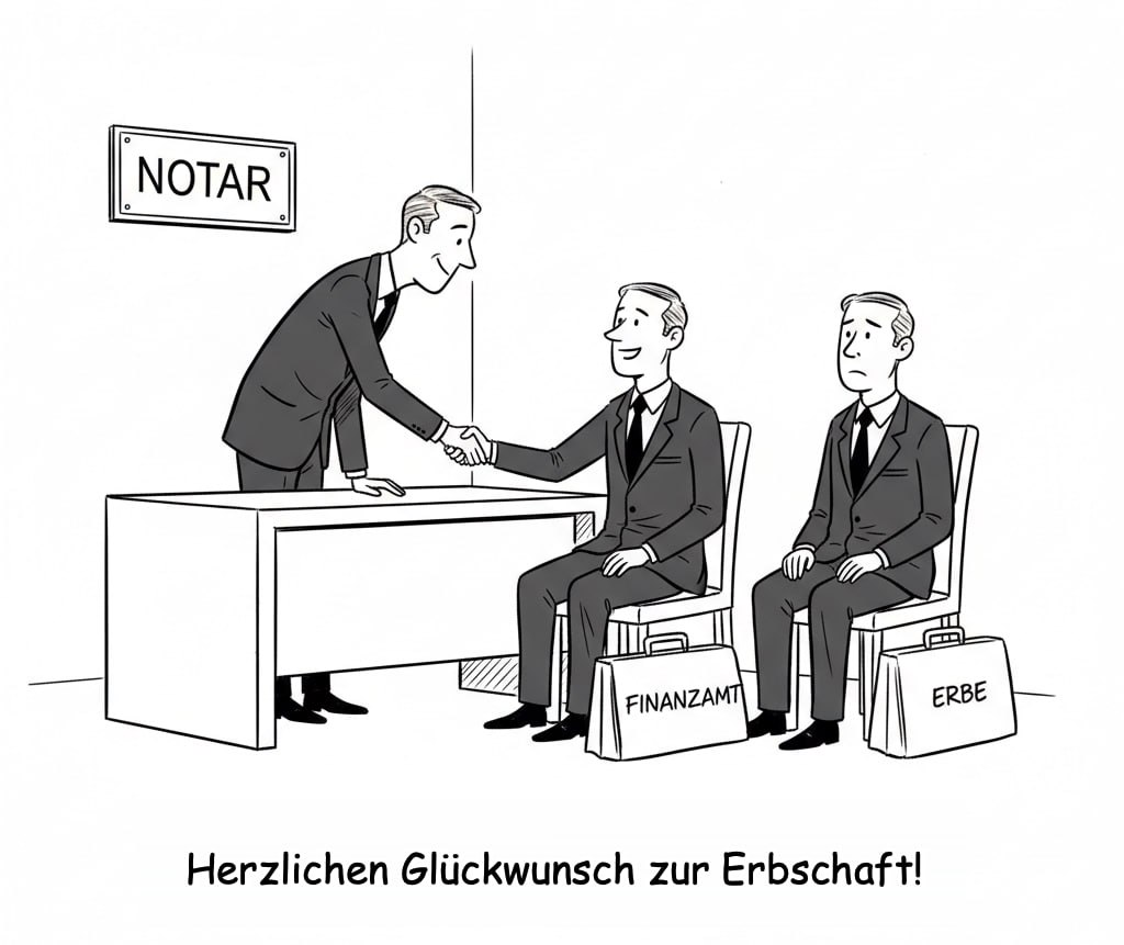 Karikatur: Notar, Erbe und Finanzamt